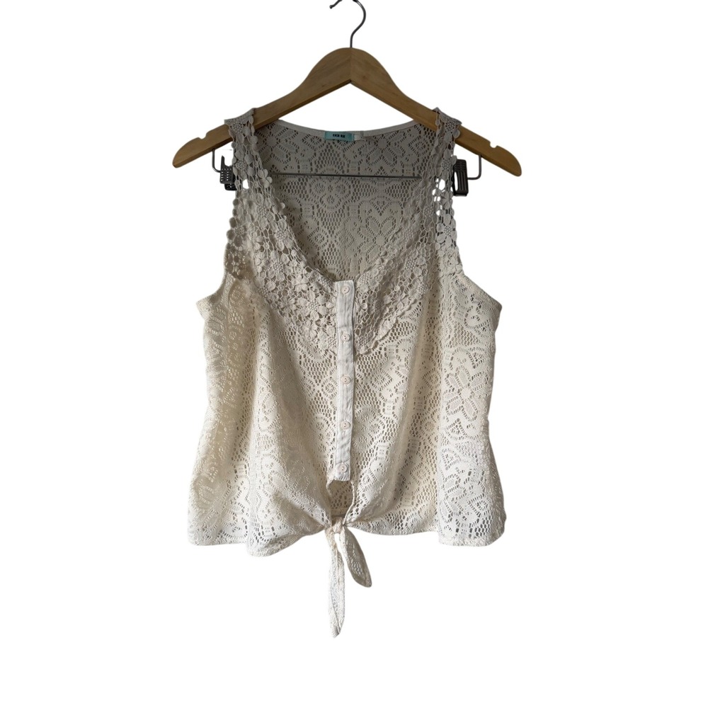 Kimchi Blue Tank Top Large Cream Floral Lace Crochet Button Front Tie Hem